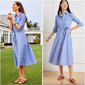 Talbots Fit & Flare Poplin Cotton Striped Belted  Shirt Dress